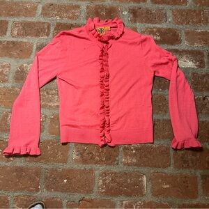 Tory Burch Bright Pink Ruffle Wool Cashmere Button Up Knit Cardigan Sweater XL